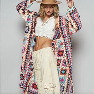 POL Multicolor Granny Square Crochet Cardigan